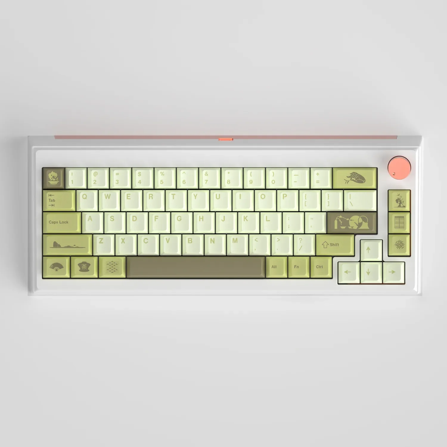 Tranquil Tea Keycaps set in serene green, showcasing premium PBT and exquisite five-sided dye-sub tea motifs. A nature-inspired aesthetic for your setup.