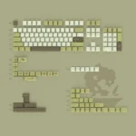 Premium PBT Tranquil Tea Keycaps set, artfully displayed with serene green hues and intricate five-sided dye-sub tea motifs.