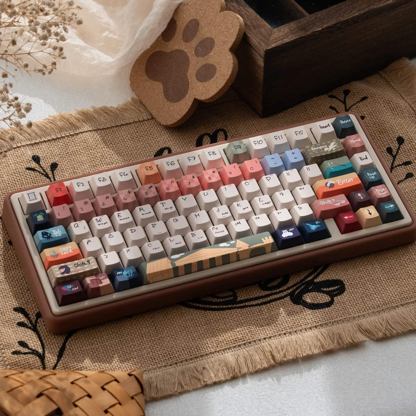 Multiple views of the UR82 Vintage Cream Fantastic Beasts themed mechanical keyboard kit, showcasing intricate magical creature designs and premium design.
