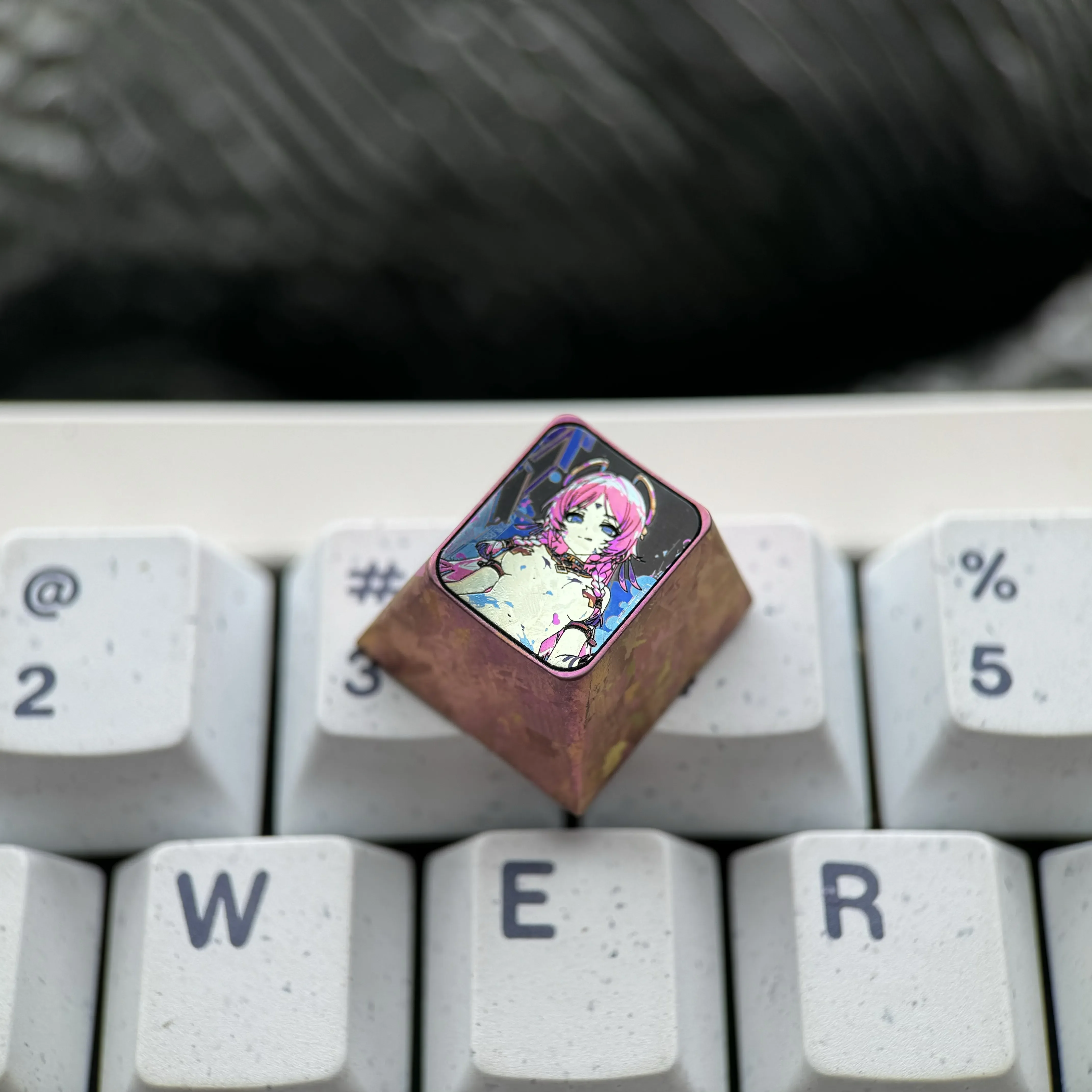 Citlali premium titanium anime keycaps gallery, displaying intricate vibrant character art and metallic luster from various angles.