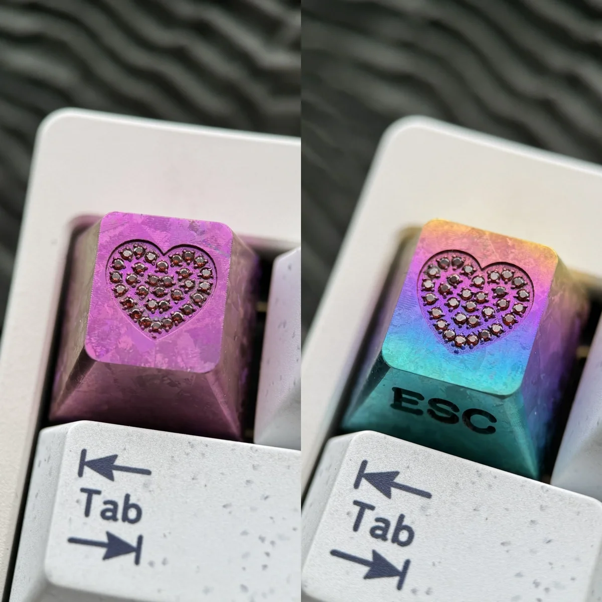 Handcrafted RGB titanium keycap with a sparkling gemstone heart inlay and intricate custom engraving, perfect as an ESC accent.
