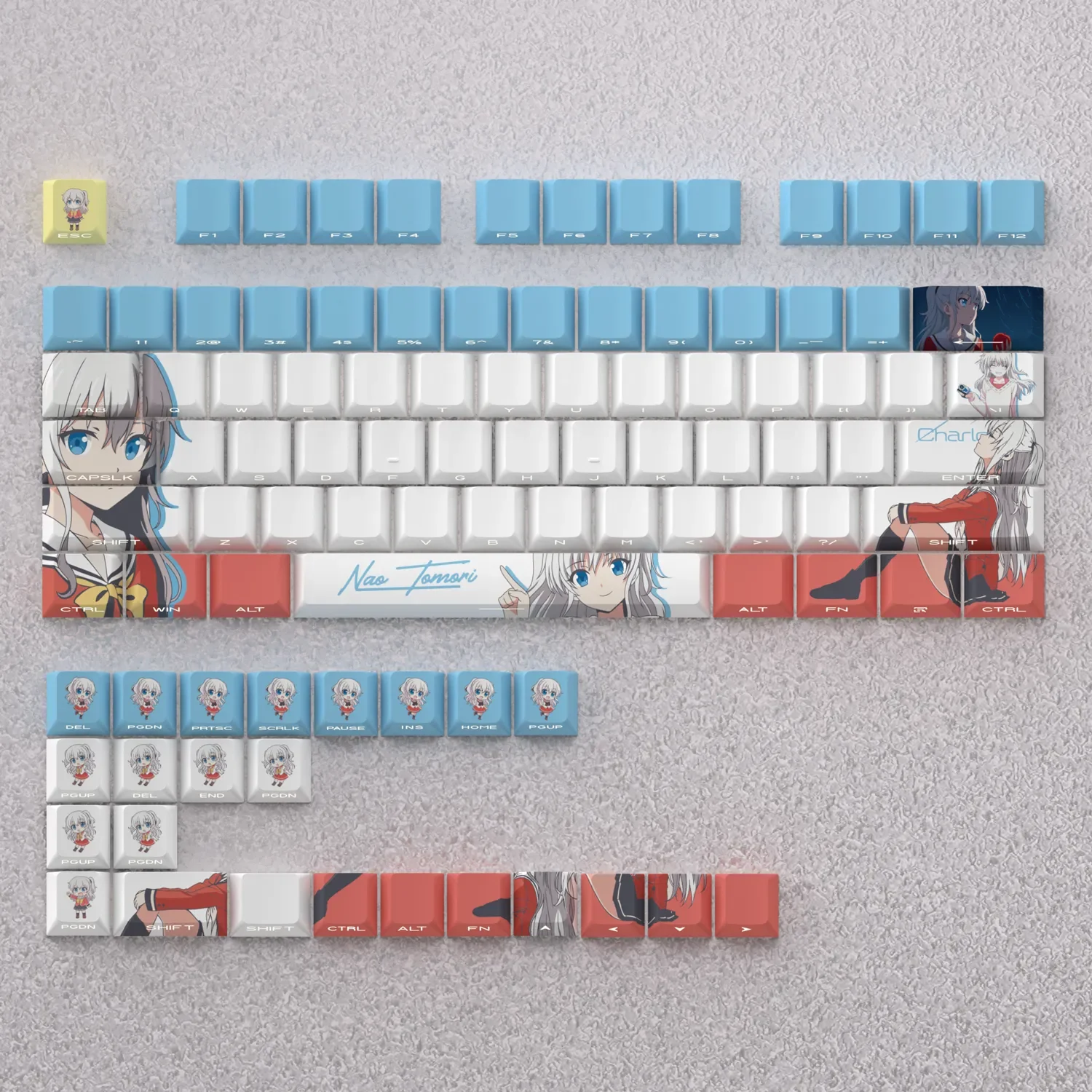 Vibrant Tomori Nao PBT keycaps set featuring exclusive anime art, clear legends, and a classic Cherry profile for ultimate playfulness.