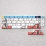 Vibrant Tomori Nao PBT keycaps set for mechanical keyboards, featuring exclusive anime character art and clear legends in a playful display.
