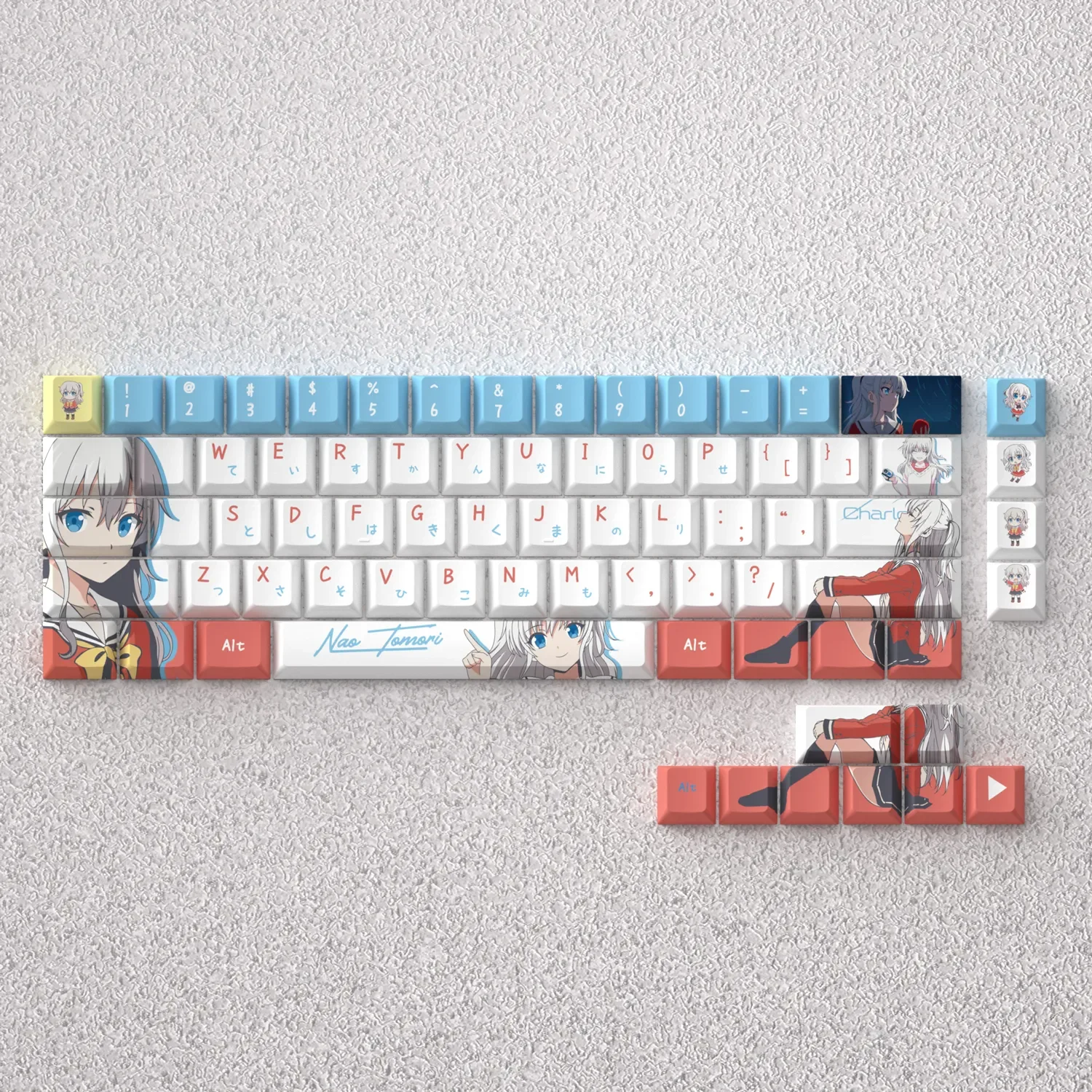 Vibrant Tomori Nao PBT keycaps set for mechanical keyboards, featuring exclusive anime character art and clear legends in a playful display.