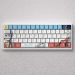 Showcasing the full set of exclusive Tomori Nao PBT keycaps set, featuring vibrant anime art and crisp legends from various playful angles.