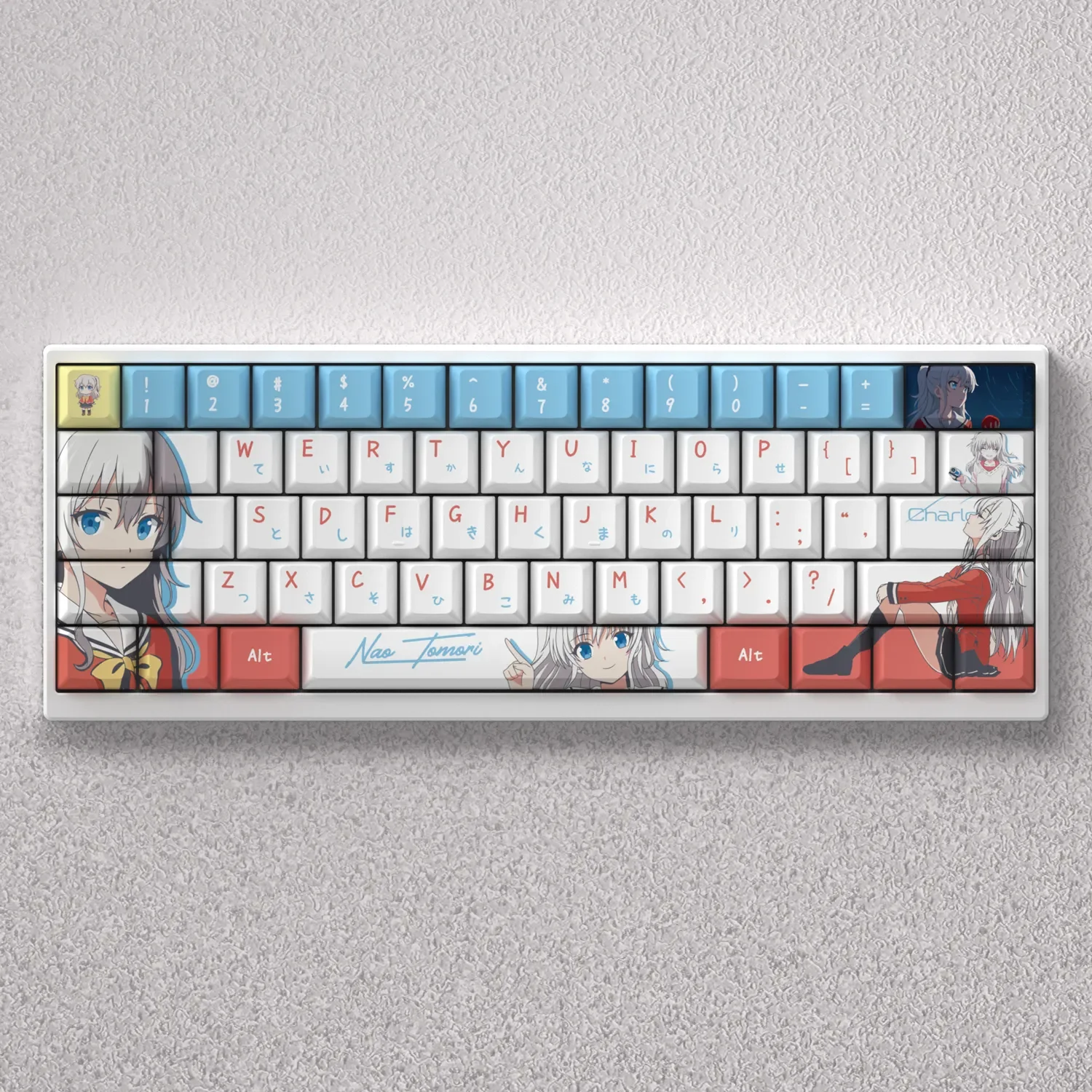 Showcasing the full set of exclusive Tomori Nao PBT keycaps set, featuring vibrant anime art and crisp legends from various playful angles.