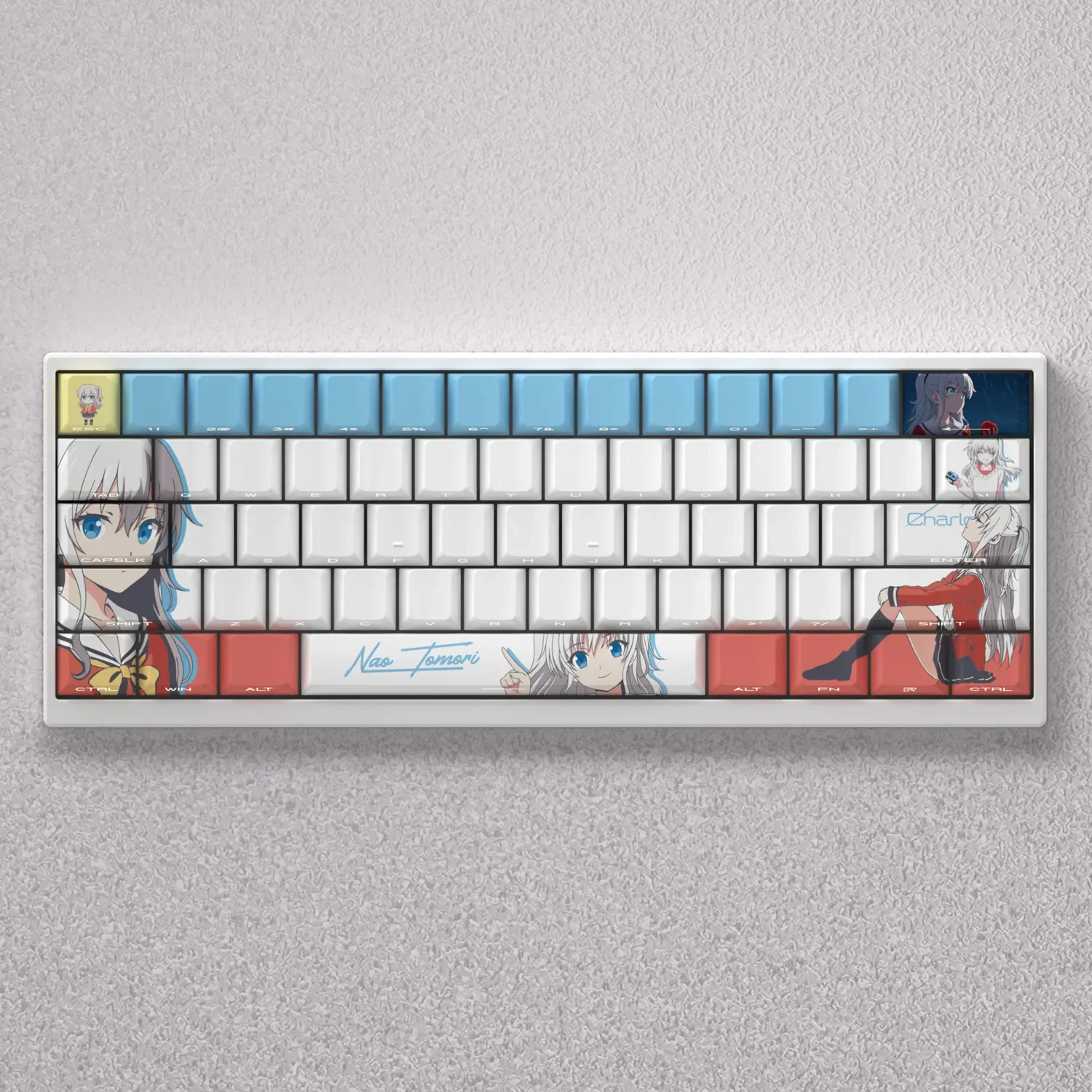 Gallery views of the exclusive Tomori Nao PBT keycaps set, showcasing vibrant anime art, clear legends, and the playful Cherry profile.