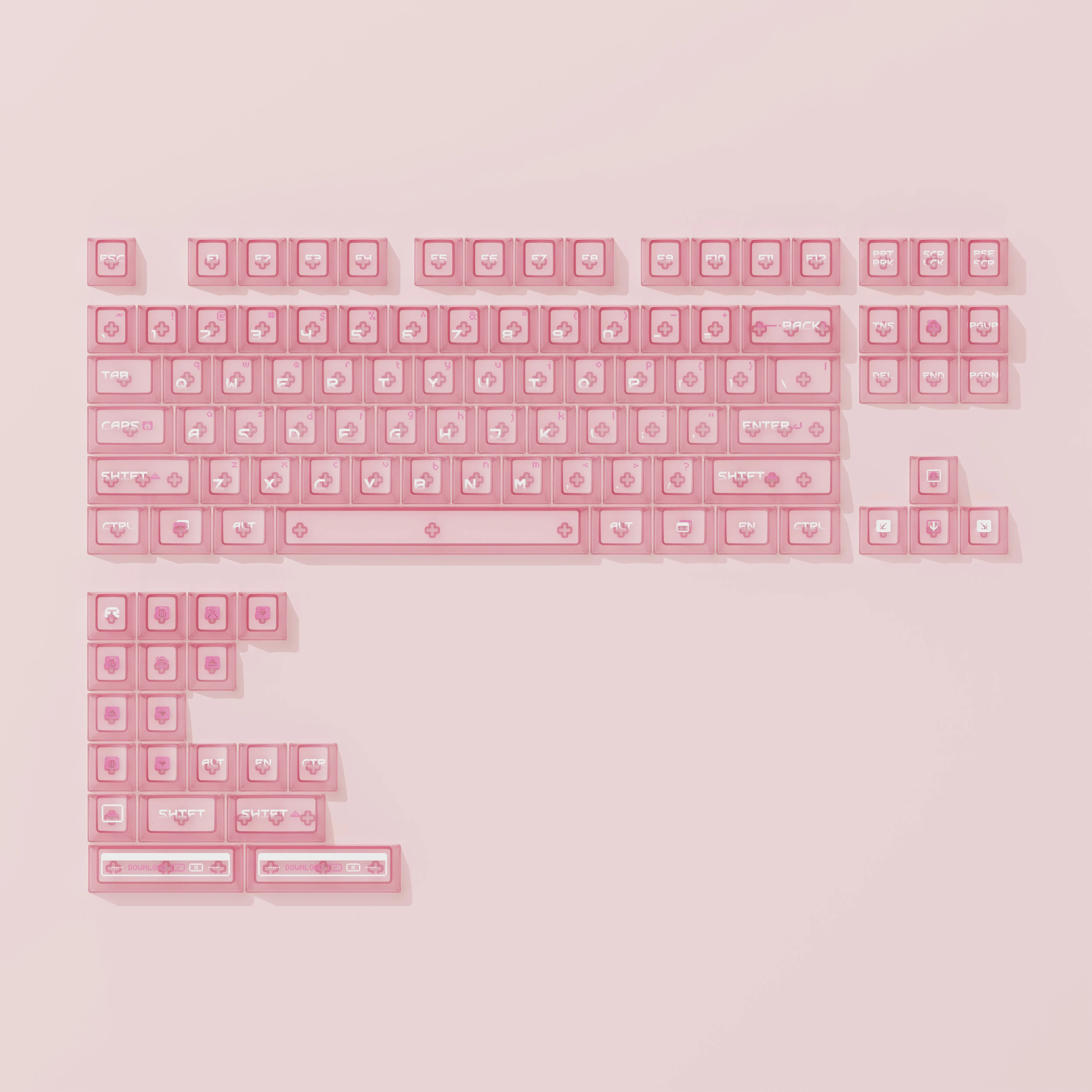 Ethereal Shadow Play translucent keycaps set, showcasing misty white glow and mystical depth for custom backlit keyboards.