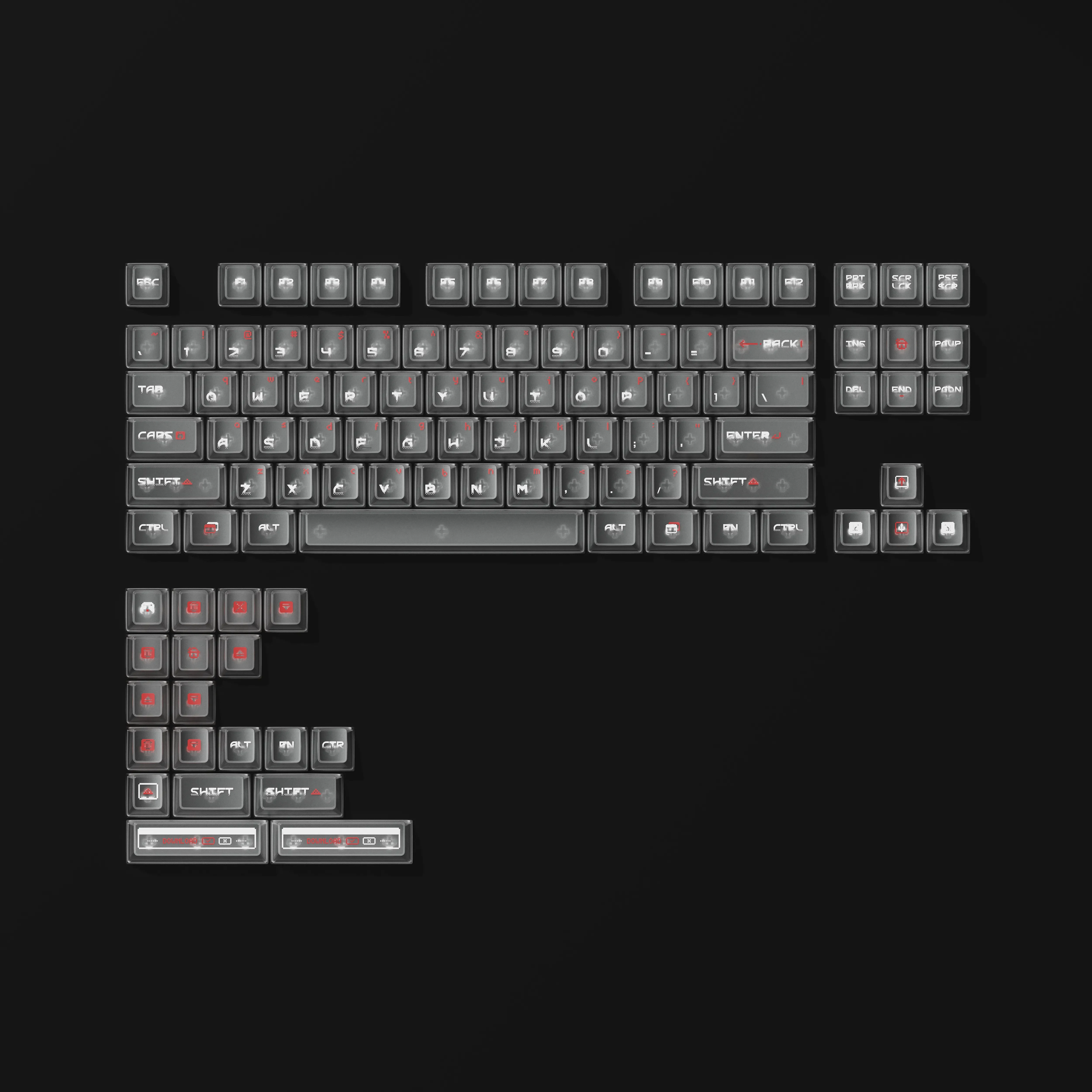 Stunning display of ethereal shadow play translucent keycaps set, revealing misty white translucence and mystical backlit glow on a custom keyboard.