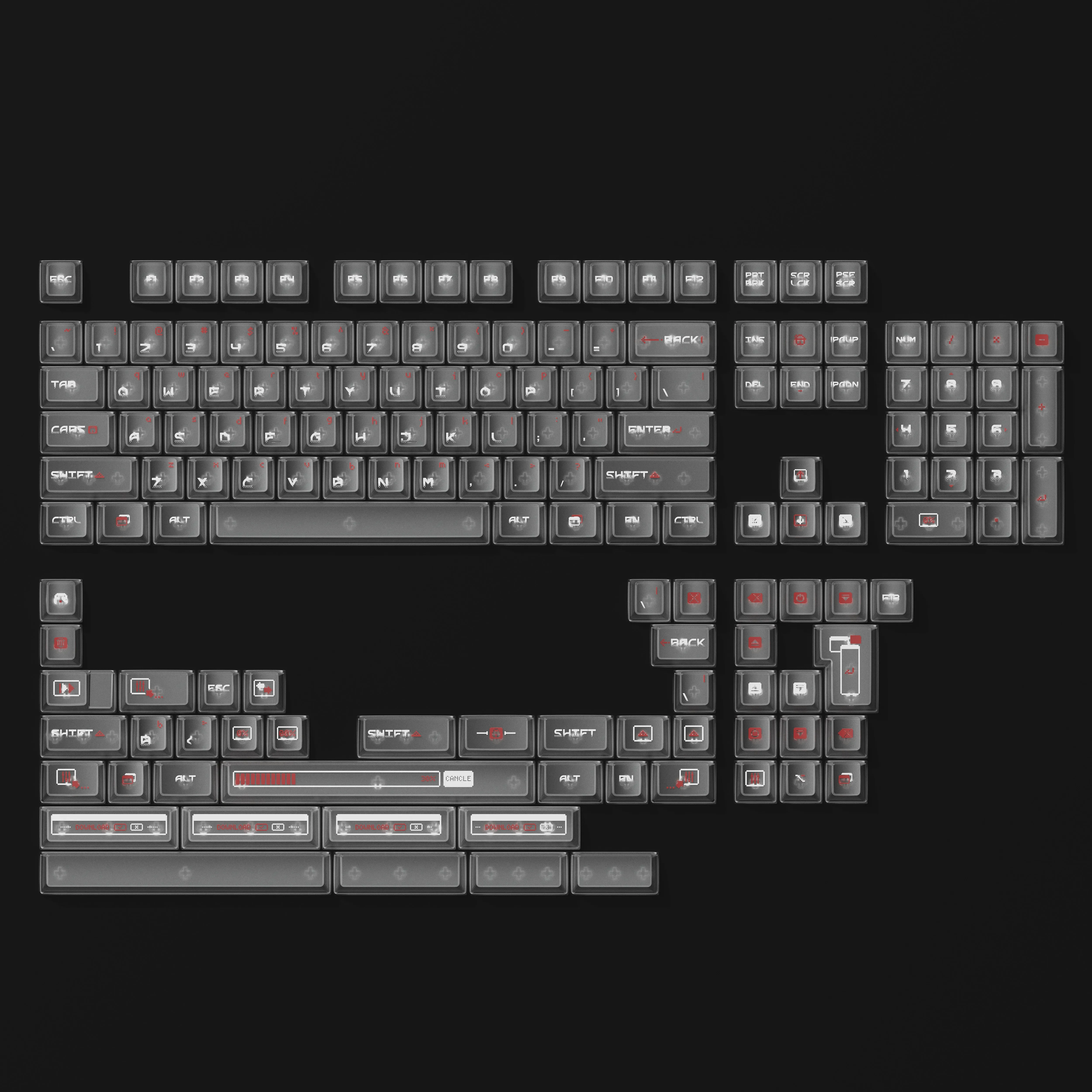 Artistically designed translucent keycaps set in misty white, creating an ethereal shadow play for custom backlit keyboards.