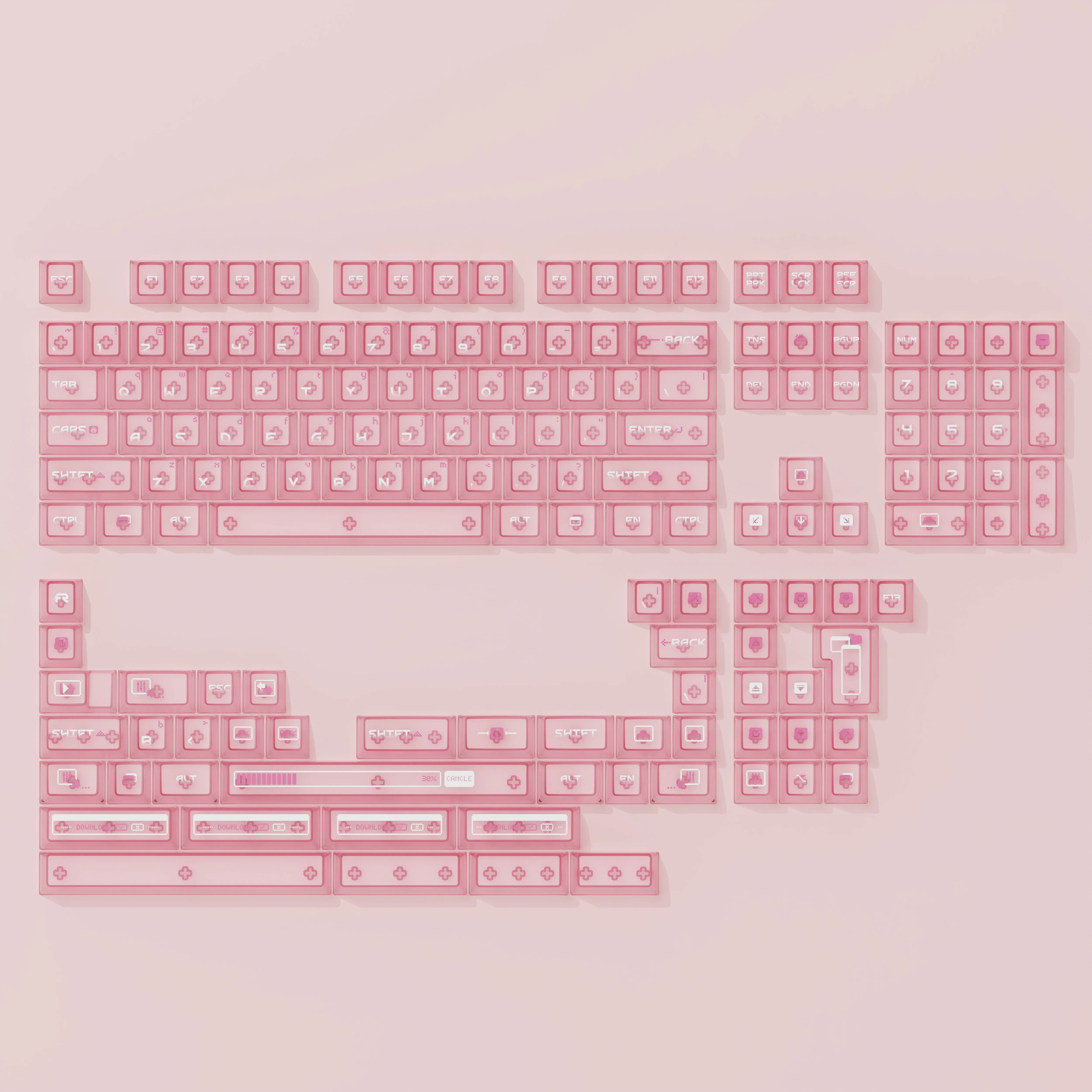 Artistic display of Ethereal Shadow Play translucent keycaps set, revealing their misty white glow and mystical shadow effects on a custom backlit deisgn.