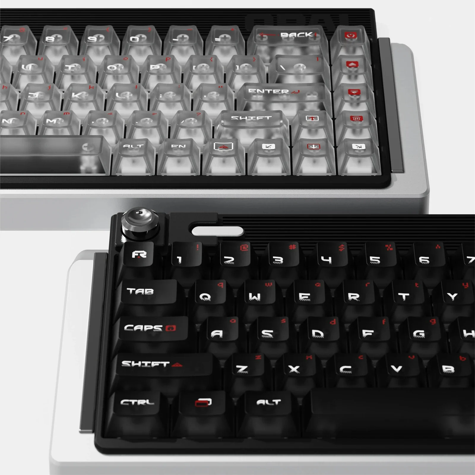 Dynamic angle of Ethereal Shadow Play misty white translucent keycap set, revealing their ethereal glow and captivating shadow play for custom keyboards.