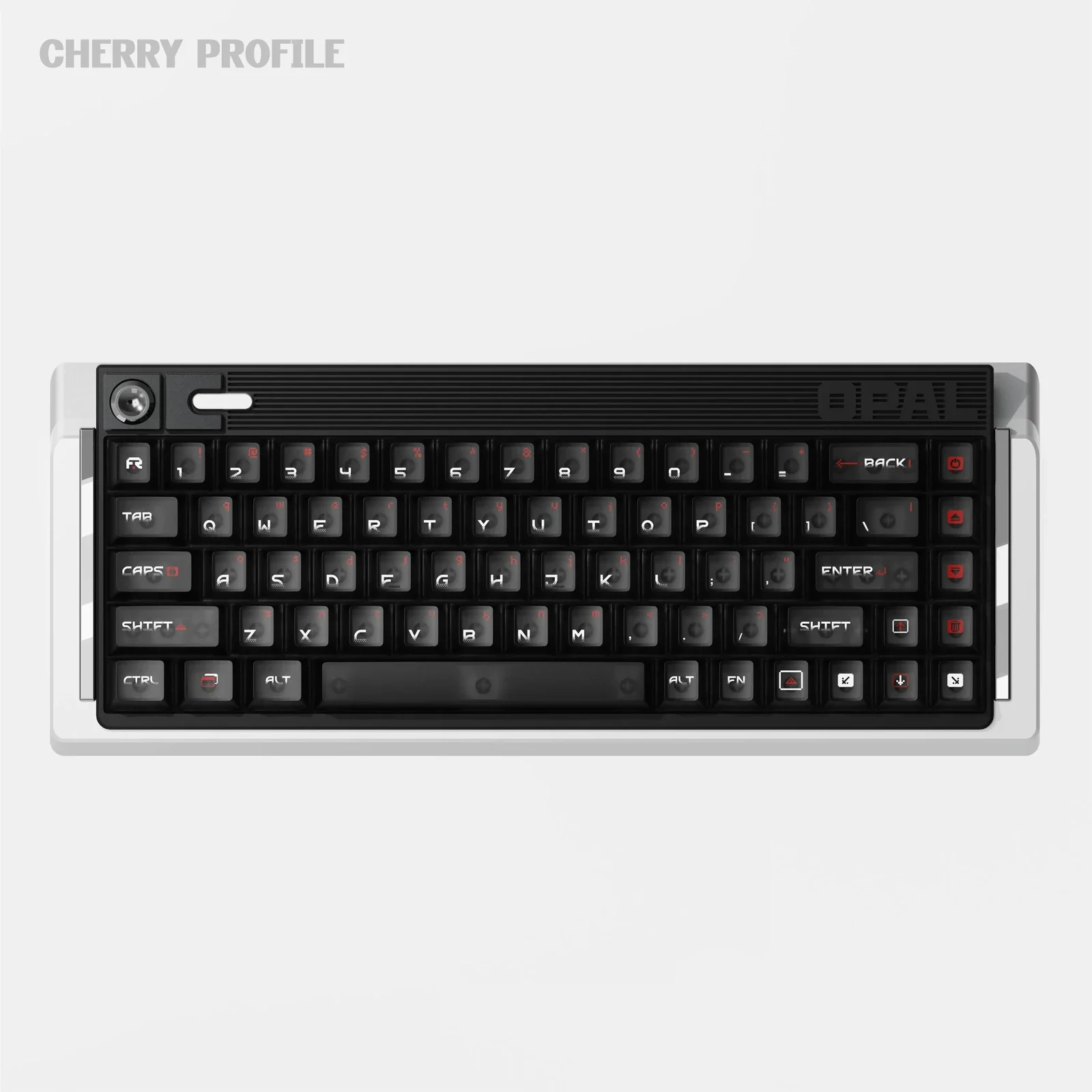 Gallery view of Ethereal Shadow Play translucent keycaps set, highlighting their misty white glow and delicate shadow designs from multiple perspectives view.