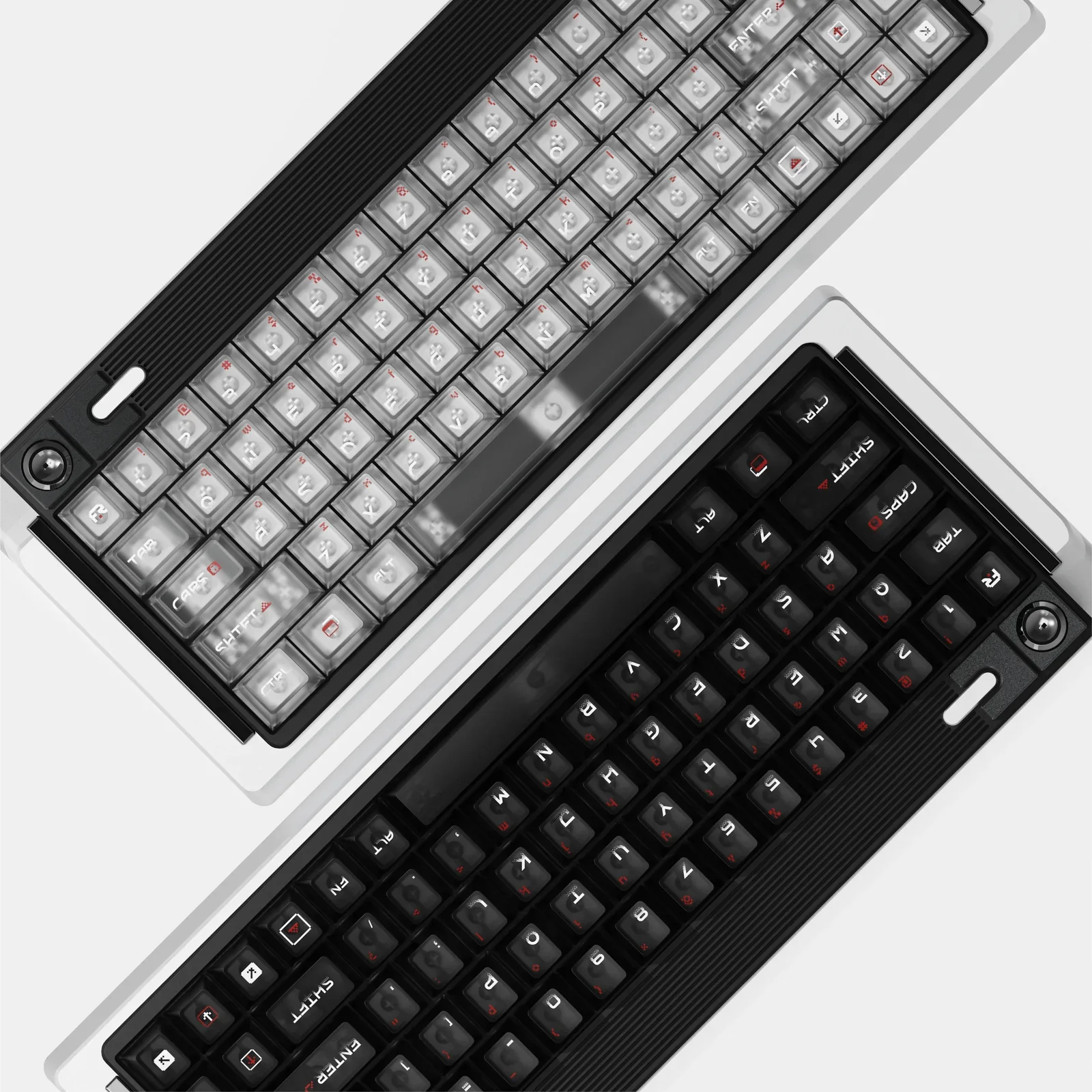 Ethereal Shadow Play translucent keycaps set glowing misty white on a custom backlit keyboard, embodying their mystical shadow theme.