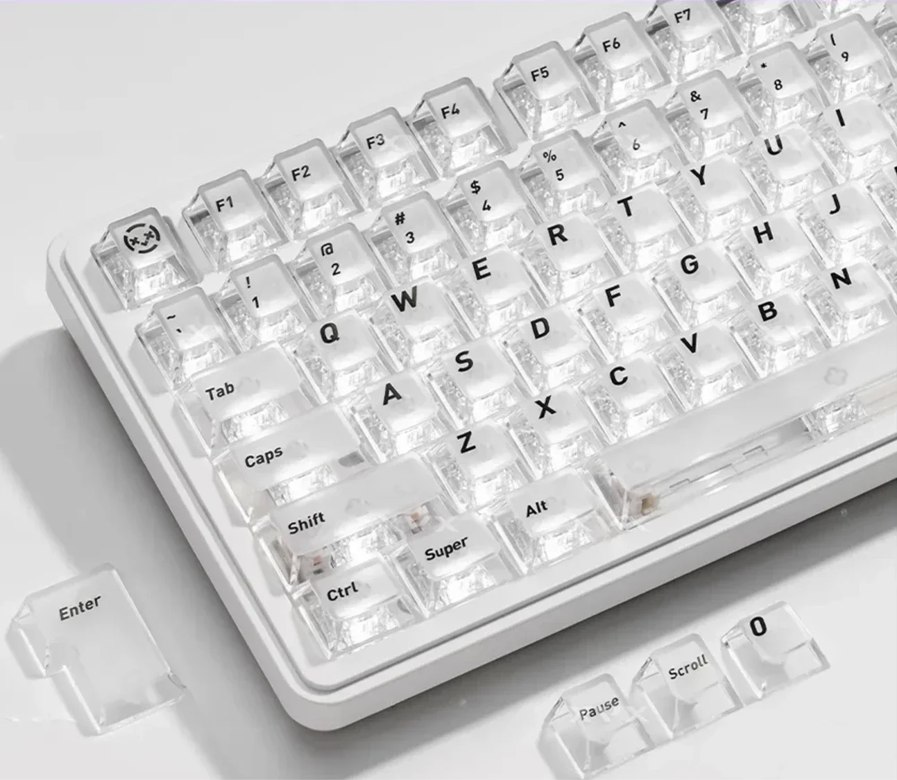 Ethereal Frosted Translucent PC Keycaps Set from multiple angles, showcasing stunning backlit aesthetics and premium RGB diffusion.