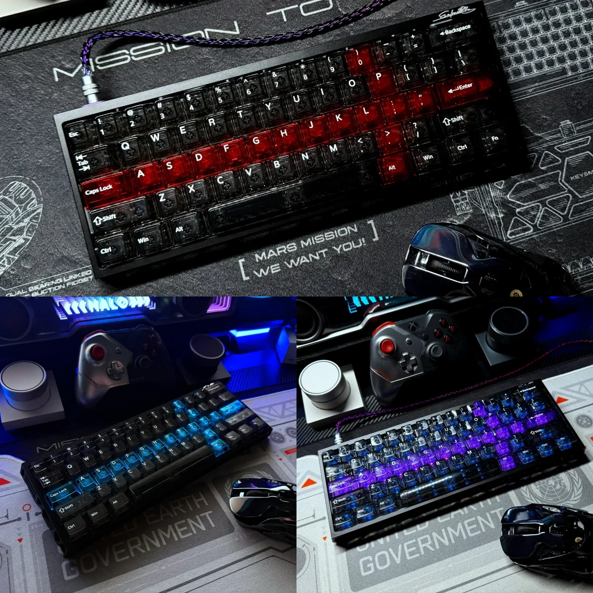 Sleek Crimson Ink Transparent PC Keycaps Set, featuring high-transparency design with bold crimson and deep black contrasts for custom keys.