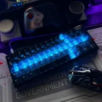 Crimson Ink Transparent PC Keycaps Set. Multiple views highlight sleek, high-transparency plastic with crimson-black contrasts, for precision.