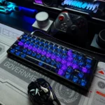 Crimson Ink Transparent PC Keycaps Set viewed from multiple angles, revealing the elegant high-transparency, bold crimson and deep black contrasts.