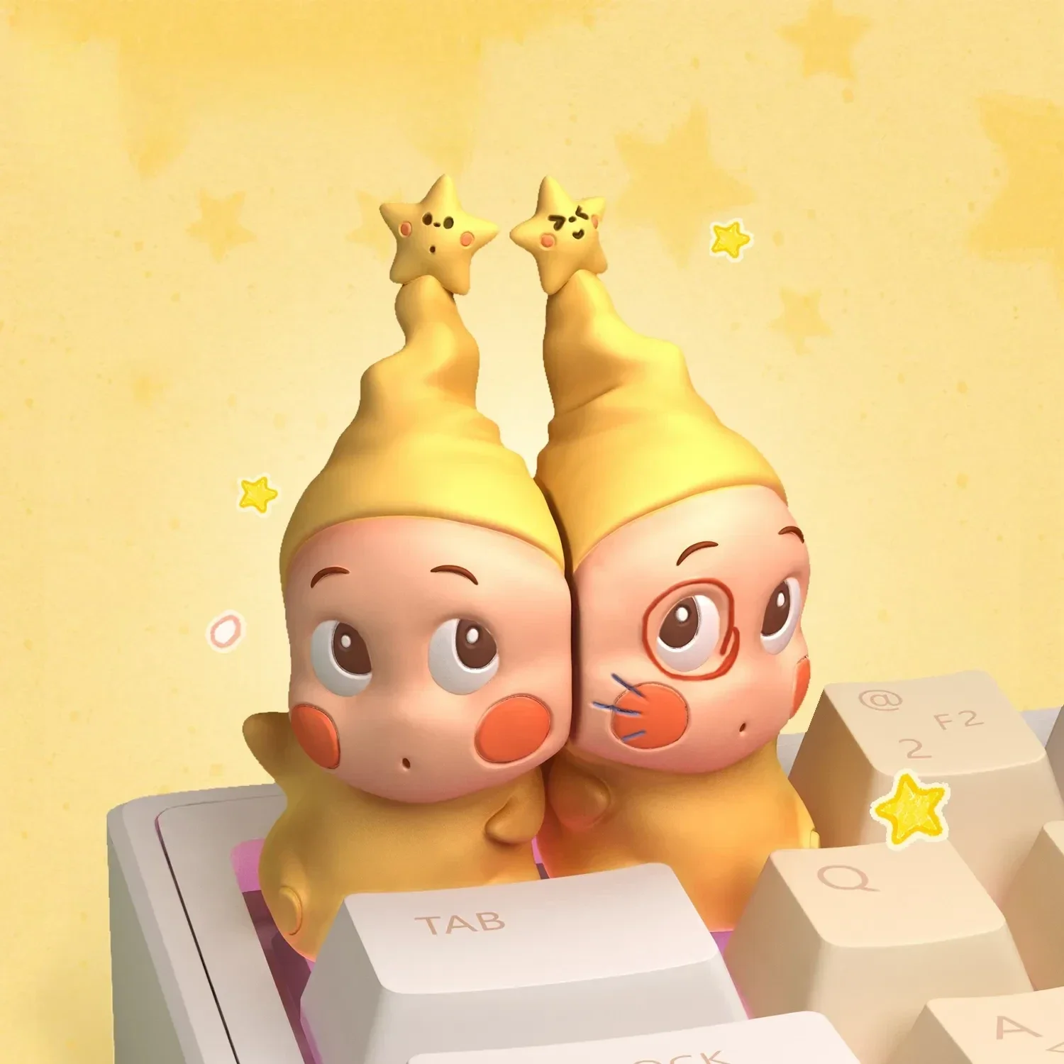 Whimsical handcrafted Twinkle Twinkle Nighty Night Keycaps, vibrant and sculptural, showcasing imaginative cosmic art for mechanical keyboards.