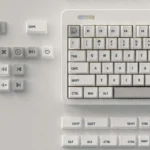 Tyche-One minimalist PBT keycaps set gallery, revealing their durable PBT material and crisp dye-sub legends from various angles.