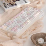 UR82 Creamy Delight Custom Gasket Keyboard Kit. Multiple views highlight premium gasket mount, hifi soft-elastic feel, and its creamy pastel, clean design.