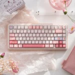 UR82 Peach Hifi Gasket Tri-Mode Custom Mechanical Keyboard Kit, elegantly designed with soft pastel peach and cream tones for a premium typing experience.
