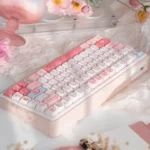 UR82 Peach Hifi Gasket Tri-Mode Custom Mechanical Keyboard Kit. Gallery shows elegant peach, cream tones, Hifi gasket mount, artistic design.