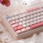UR82 Peach Hifi Gasket Tri-Mode Custom Mechanical Keyboard Kit. Gallery view of elegant peach/cream design, Hifi Gasket Mount, and artistic details.