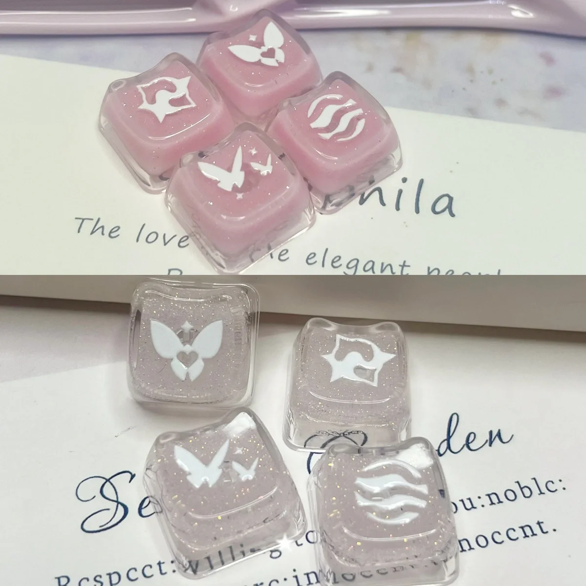 Enchanting pink translucent Valorant Keycaps with shimmering glitter, showcasing skill keys for mechanical keyboards.