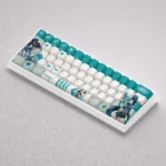 Close-up views of the premium Valorant Sage-themed PBT gaming keycap set highlighting its exclusive design with vibrant green hues and healing motifs.