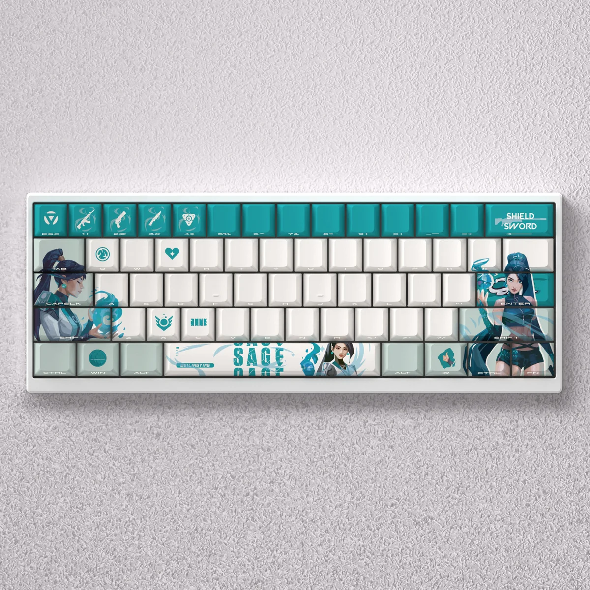 Valorant Sage PBT Keycaps Serene Power Set, displayed from multiple angles. Highlights crisp dye-sub legends and mystical, premium PBT aesthetics.