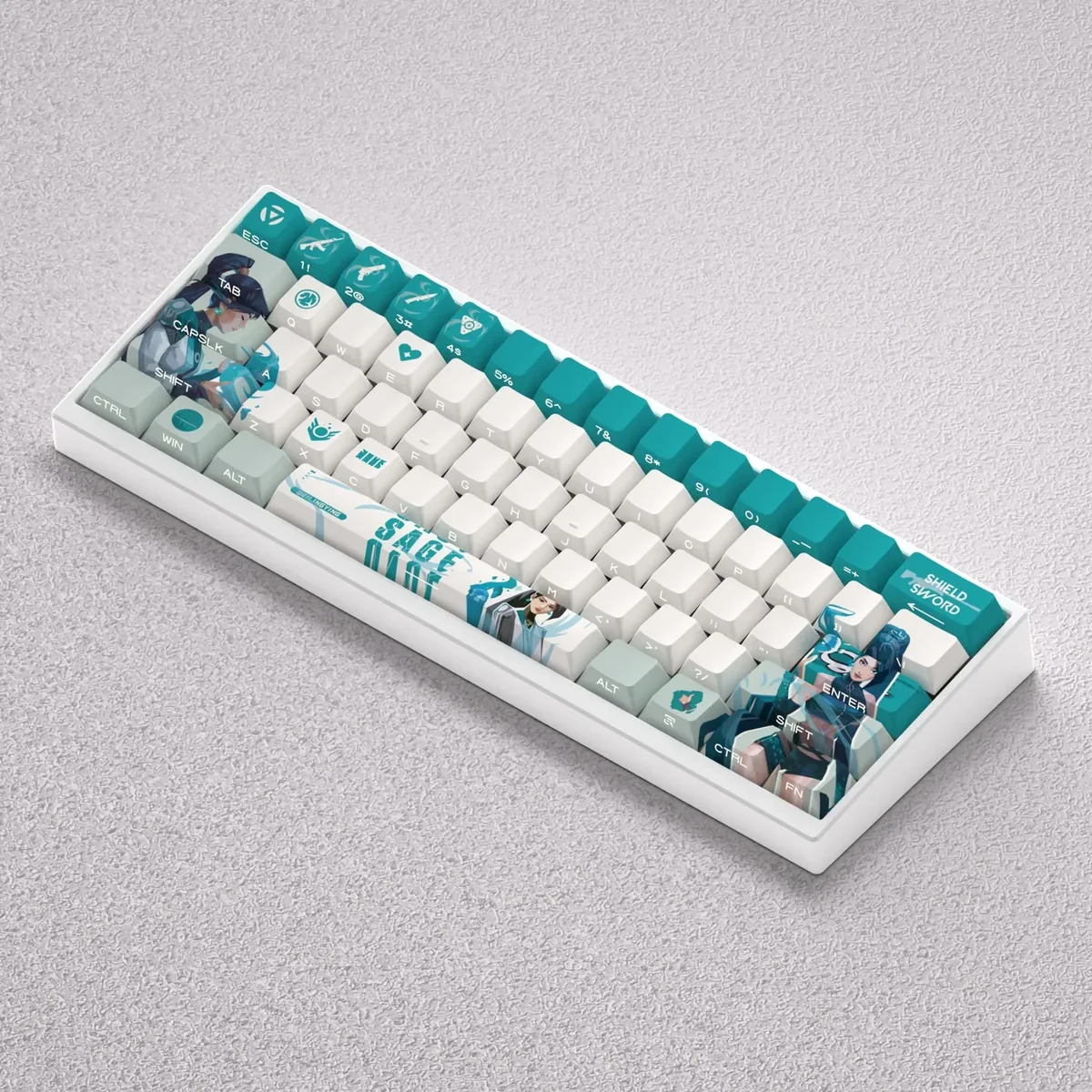 Valorant Sage PBT keycaps, showcasing serene side-printed legends for a mystical, clean aesthetic. Premium dye-sub PBT for 60-87% keyboards.