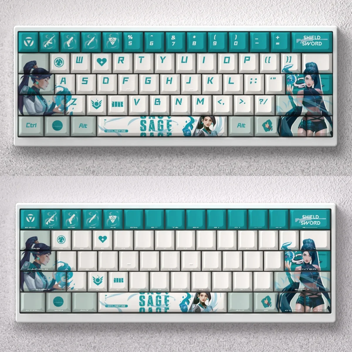 Main image of the Serene Power Set Valorant Sage PBT Keycaps, showcasing premium, mystical dye-sub legends for unique Valorant Keycaps.