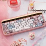 Velvet Frosted Strawberry Keycap Set. PBT+PC translucent set shown from multiple angles, highlighting soft glow and unique texture for whimsical design.