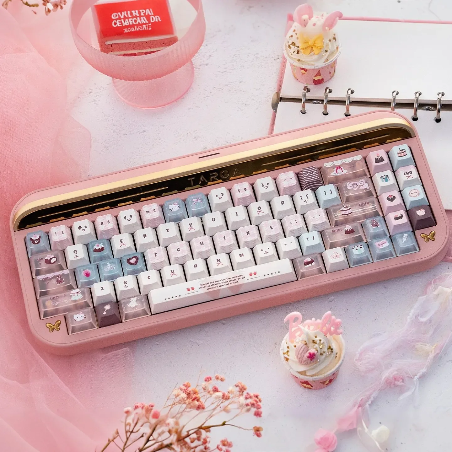 Velvet Frosted Strawberry Keycap Set. PBT+PC translucent set shown from multiple angles, highlighting soft glow and unique texture for whimsical design.