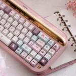 Velvet Frosted Strawberry Keycaps Set gallery, revealing their PBT+PC translucent glow and intricate details from multiple angles, evoking cozy whimsy.