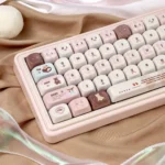 Velvet Frosted Strawberry PBT+PC translucent keycaps set collection: sweet frosted details and an ethereal glow for a whimsical, artistic keyboard.