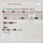 Artistic display of Velvet Frosted Strawberry Keycaps set, showcasing the unique translucent PBT+PC material with a sweet, ethereal glow.