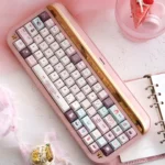 Velvet Frosted Strawberry PBT+PC translucent keycaps set from multiple angles, showcasing their sweet, ethereal glow and custom artistic design.