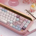 Artistic close-up of Velvet Frosted Strawberry PBT+PC Translucent Keycap Set, revealing the sweet frosted details and soft ethereal glow.