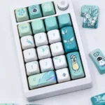 Venti Anemo Whimsy FOA PBT Dye-Sub Keycap set, featuring intricate teal, white, and gold wind and lyre motifs from a unique angle. Captures the Genshin Impact spirit.