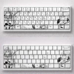 Exquisite Violet Evergarden keycaps set featuring delicate black & white PBT dye-sub line art, capturing classic anime elegance.