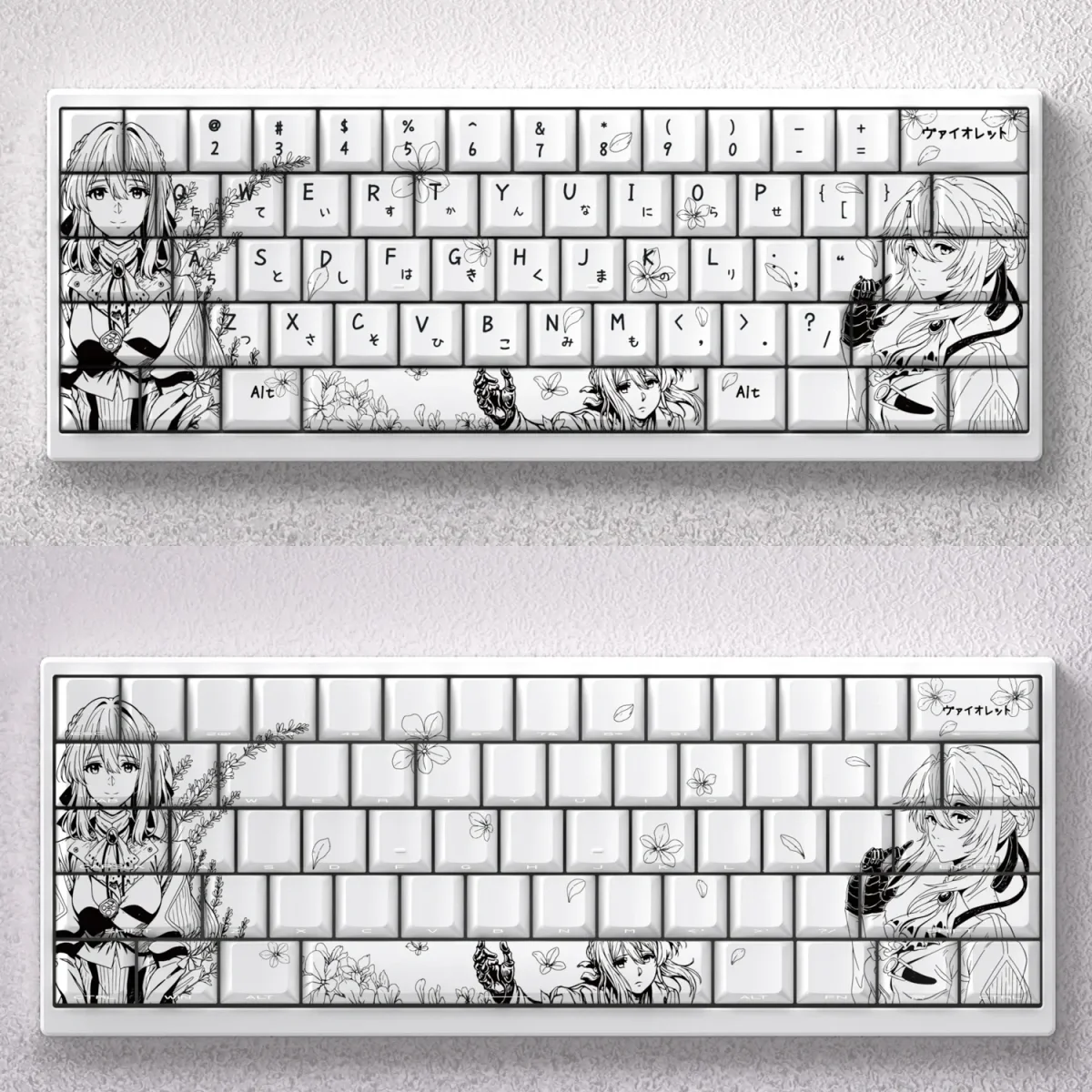 Exquisite Violet Evergarden keycaps set featuring delicate black & white PBT dye-sub line art, capturing classic anime elegance.
