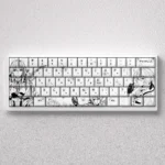 Gallery of Violet Evergarden PBT dye-sub keycaps set, showcasing exquisite, delicate black and white line art from multiple angles, embodying classic deisgn.