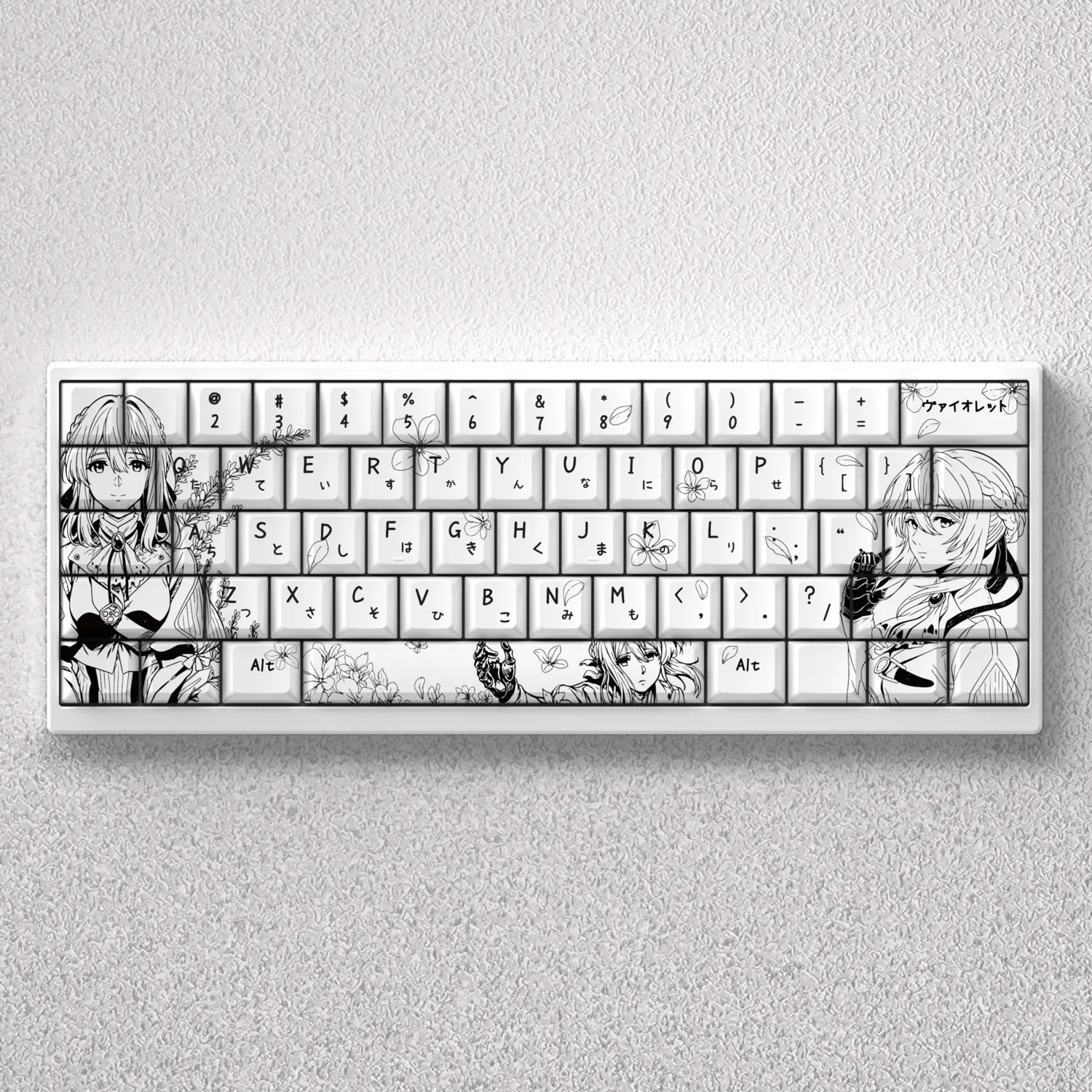 Gallery of Violet Evergarden PBT dye-sub keycaps set, showcasing exquisite, delicate black and white line art from multiple angles, embodying classic deisgn.