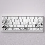 Exquisite Violet Evergarden PBT dye-sub keycaps set, displayed from multiple angles, showcasing their delicate black & white line art and elegant anime design.