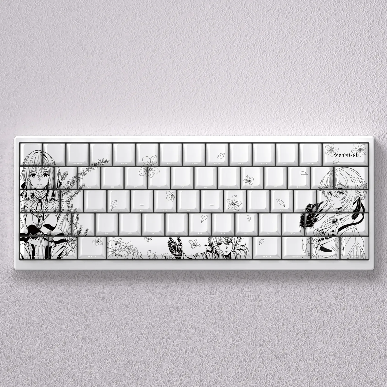 Exquisite Violet Evergarden PBT dye-sub keycaps set, displayed from multiple angles, showcasing their delicate black & white line art and elegant anime design.