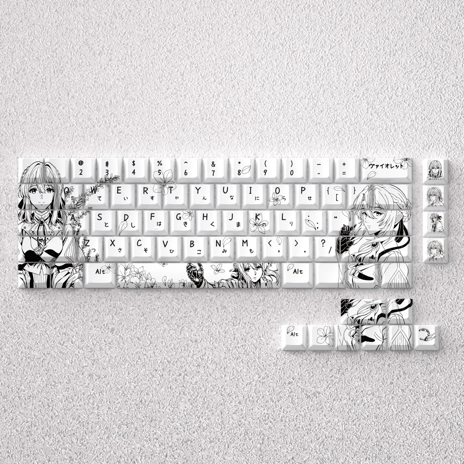 Exquisite Violet Evergarden keycaps set featuring delicate black and white PBT dye-sub line art, showcasing classic anime elegance for mechanical keyboard.