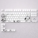 Elegant Violet Evergarden PBT dye-sub keycaps set, showcasing delicate black and white line art perfect for an artistic keyboard.
