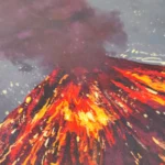 Volcano Gaming Desk Mat displayed from various angles, showcasing its large size and immersive fiery volcanic design with vibrant molten lava flows.